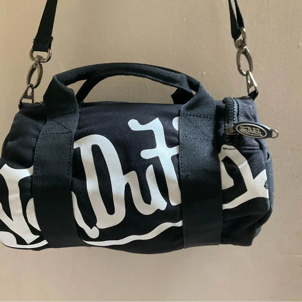 Von Dutch Y2K Black and White Duffel Bag Mini Crossbody Cylinder round tote - Picture 2 of 13